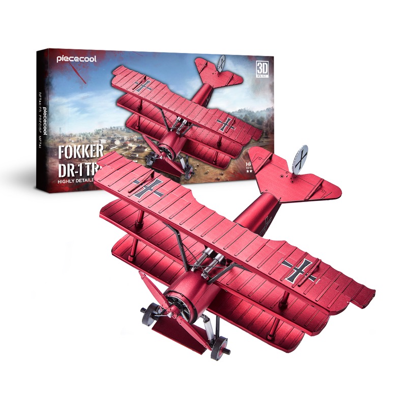 Piececool Fokker Dr-1 Triplane – 162-Piece 3D Metal Puzzle Kit, Red Baron WWI Plane Model for Adults & Teens